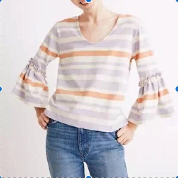 Madewell Tops - Madewell Striped Bell Sleeve Blouse Tri-Tone Top V-Neck Shirt Small Cotton EUC